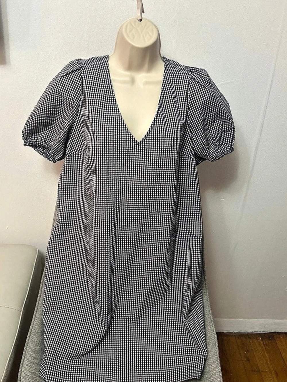 Gingham Puff Sleeve Mini Dress in Black & White Like New